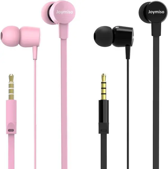 Main image of Joymiso Tangle Free Earbuds for Kids Women Small Ears with Case Blue and Pink Bundle, Comfortable Lightweight, Flat Cable Wired Earphones with Microphone and Volume Control for Cell Phone Laptop