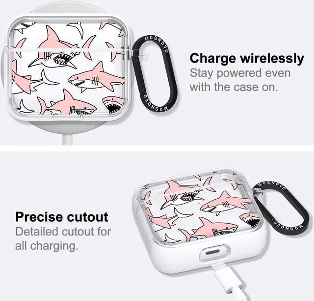 Alt view image 5 of 5 - MOSNOVO Case for Airpods 3rd, Protective Clear Case with Shockproof Dual Layer Hard Luxe Metal Ring Designed for AirPods 3rd Generation - Pink Sharks