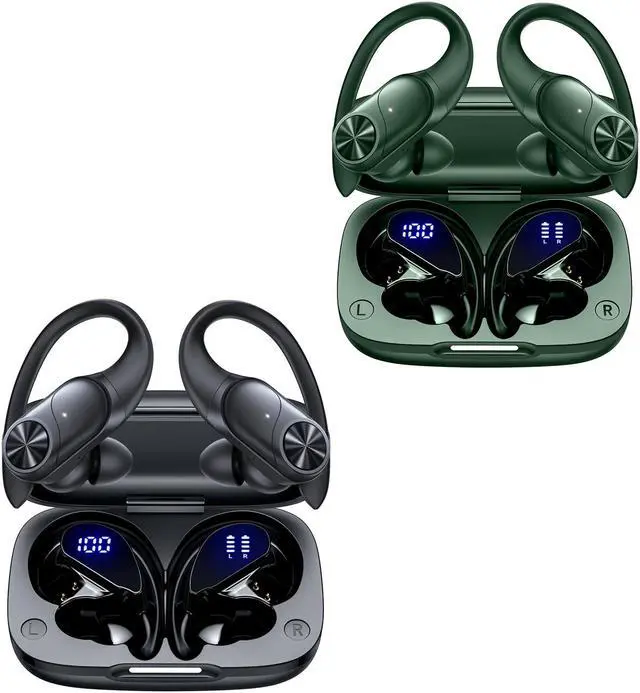 Main image of 2 Sets Bluetooth Headphones Wireless Earbuds 80hrs Playtime Wireless Charging Case Sports Ear buds with Earhook Premium Deep Bass IPX7 Waterproof Over-Ear Earphones for TV Phone Laptop Black and Olive