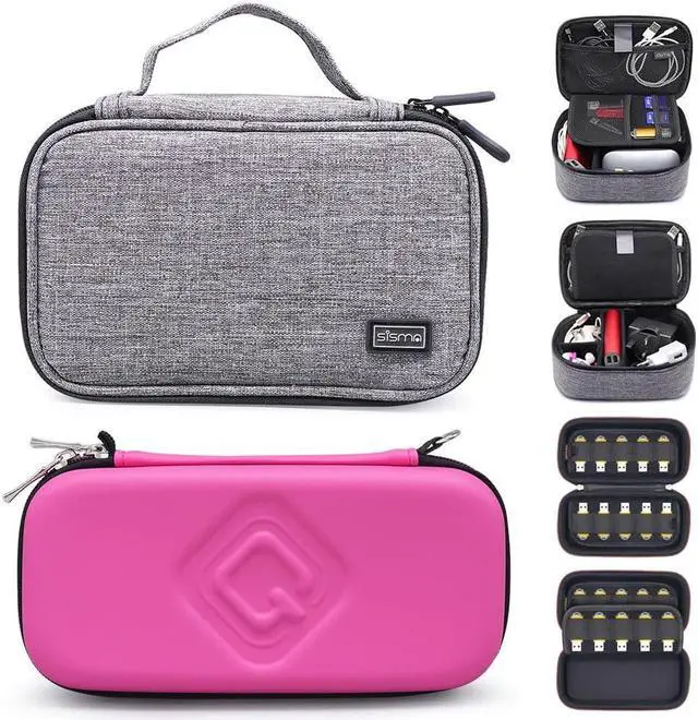 Main image of QUENZROC USB Flash Drive Case Pink + sisma Travel Cords Organizer Universal Small Electronic Accessories Carrying Bag Grey