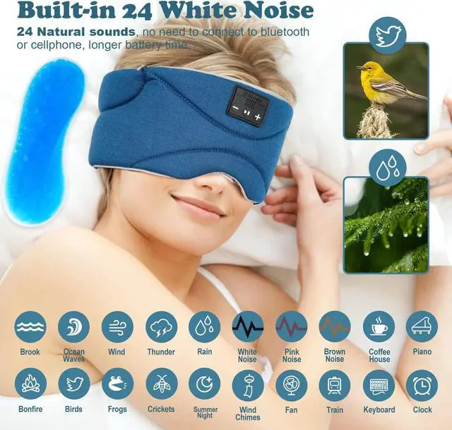 Alt view image 2 of 5 - Bluetooth Sleep Mask with 24 White Noise, Ultra-Thin Speaker Cold Pack Blockout Bluetooth Eye Mask Sleep Headphones for Side Sleepers, Airplane, Travel, Cool Gadgets for Women Man (Blue)