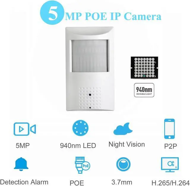 Alt view image 2 of 5 - REVODATA 5MP POE PIR IP Camera,940nm 48 LEDs IR Night Vision,3.7mm Lens POE IP Indoor Security P2P PIR CCTV Video poe pir Camera,H.265 Motion Detection (IPIR-P-HS White)