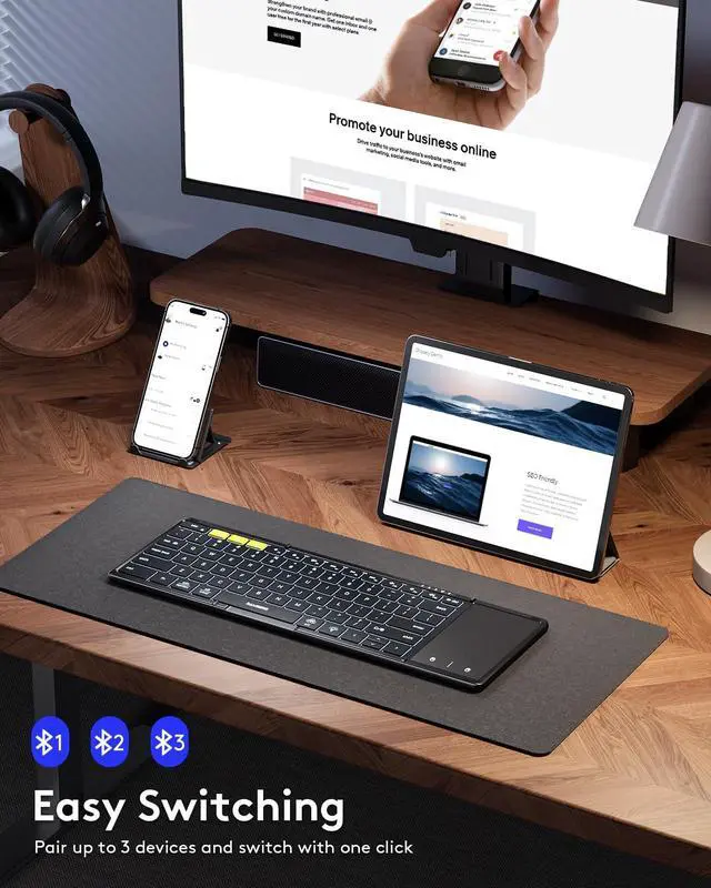 Alt view image 2 of 5 - Samsers Foldable Bluetooth Keyboard with Touchpad, Full-Size Wireless Folding Keyboards with Backlight, Portable Travel for iOS Android Windows Mac OS, Support 3 Device(BT5.1 x 3), Black