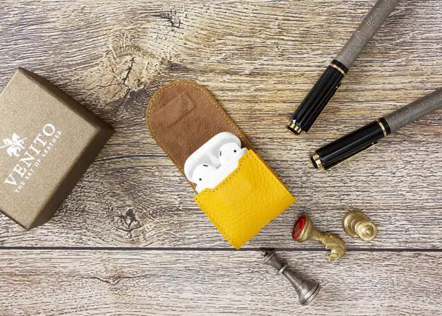 Alt view image 2 of 5 - Bari Leather Cover Compatible with Apple AirPods 1 and Airpods 2 Charging Case - Yellow