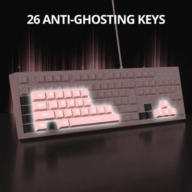 Alt view image 4 of 5 - Owpkeenthy Pink Gaming Keyboard, Cute Creamy Keyboard Backlit Wired Quiet Office Keyboard Membrane 104-Keys Mechanical Feeling for PC Laptop104 Rose