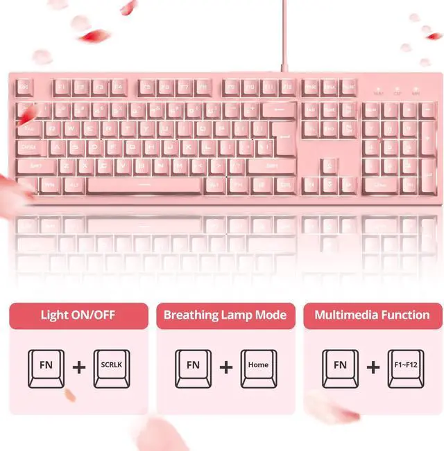 Alt view image 5 of 5 - Owpkeenthy Pink Gaming Keyboard, Cute Creamy Keyboard Backlit Wired Quiet Office Keyboard Membrane 104-Keys Mechanical Feeling for PC Laptop104 Rose