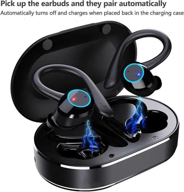 Alt view image 4 of 5 - Wisoqu Bluetooth Earphone, Waterproof Stereo Noise Cancelling Earbuds with Mic LED Indicator, 120H Long Playtime, Earhooks Headphones for Driving Sports Travel (Black),