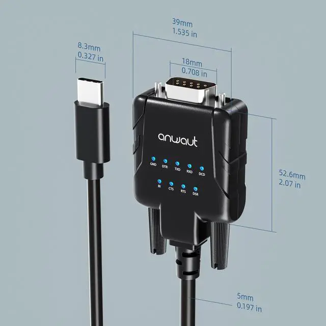 Alt view image 3 of 5 - Anwaut ProtoC-IX9 Series | 1-Port Industrial USB-C to Serial / RS232 (DB9) Adapter Converter (Compatible for Windows 11, macOS 15 | 9 X Data Monitoring LEDs, U2RS232-C)
