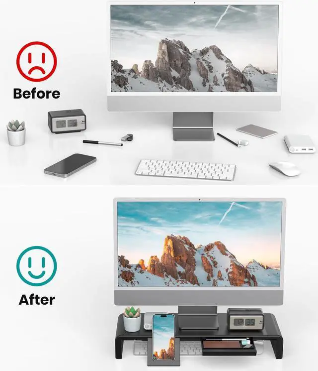 Alt view image 4 of 5 - Monitor Stand Riser, Klearlook Foldable Computer Monitor Riser,Height Adjustable Computer Stand, Desk Shelf Riser with Storage Drawer & Tablet Phone Stand for Computer, Desktop, Laptop (Black)