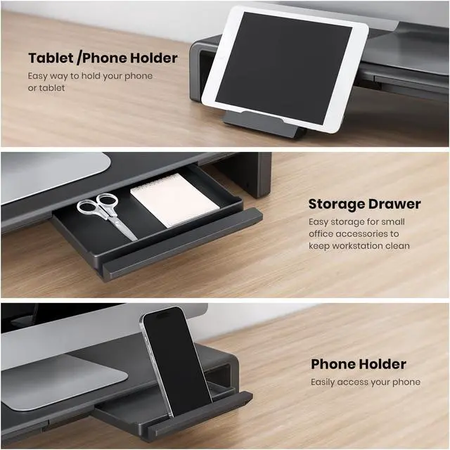 Alt view image 5 of 5 - Monitor Stand Riser, Klearlook Foldable Computer Monitor Riser,Height Adjustable Computer Stand, Desk Shelf Riser with Storage Drawer & Tablet Phone Stand for Computer, Desktop, Laptop (Black)