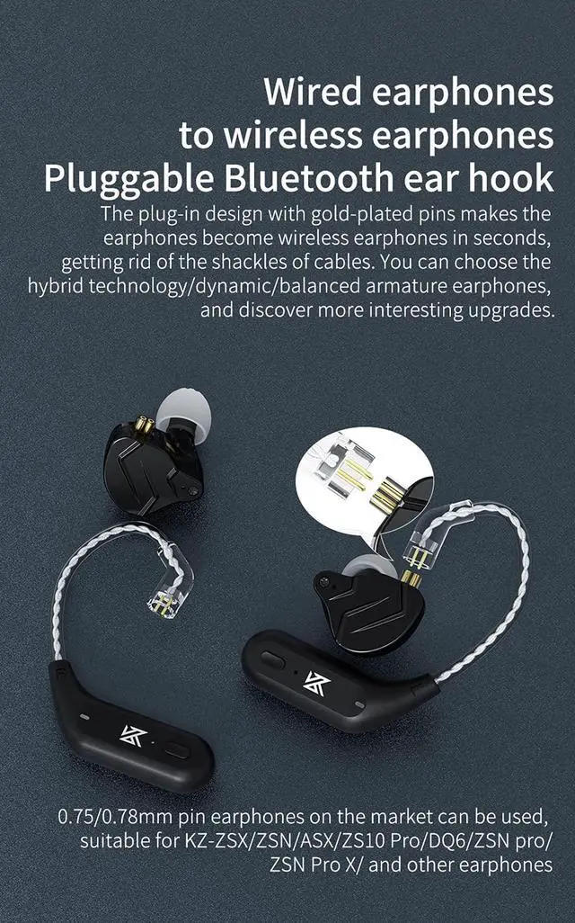 Alt view image 5 of 5 - erjigo TWS + Earbuds Hook 2Pin Connector with Mic Support/30 Hours Playback,KZ-AZ09 HD Bluetooth5.2 Ear Hook Compatible with 0.75/0.78mm Pin Earphones/Headphones/Headsets for Sports (C Pin)