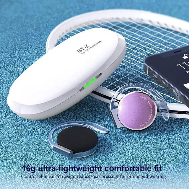 Alt view image 2 of 5 - Wireless Clip-On Earbuds with Earhooks - Open Ear Headphones Microphone - Bluetooth Sport Headphones (White Purple)