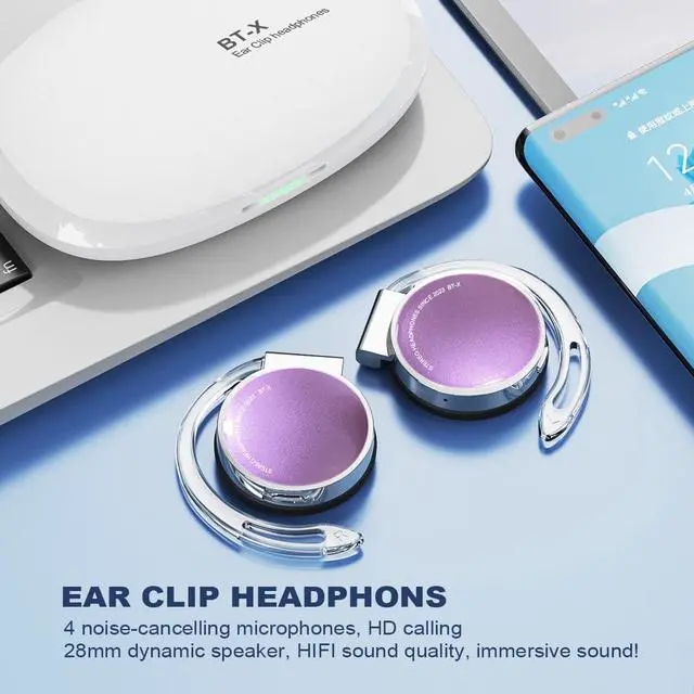 Alt view image 4 of 5 - Wireless Clip-On Earbuds with Earhooks - Open Ear Headphones Microphone - Bluetooth Sport Headphones (White Purple)