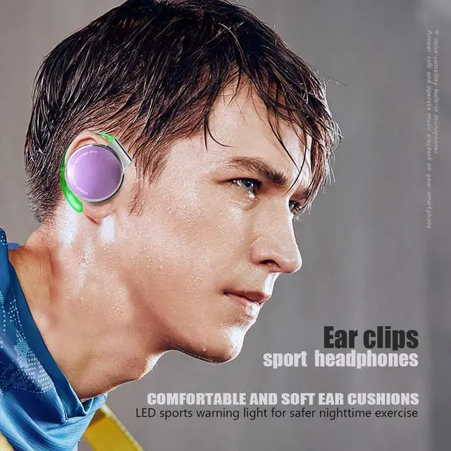 Alt view image 5 of 5 - Wireless Clip-On Earbuds with Earhooks - Open Ear Headphones Microphone - Bluetooth Sport Headphones (White Purple)