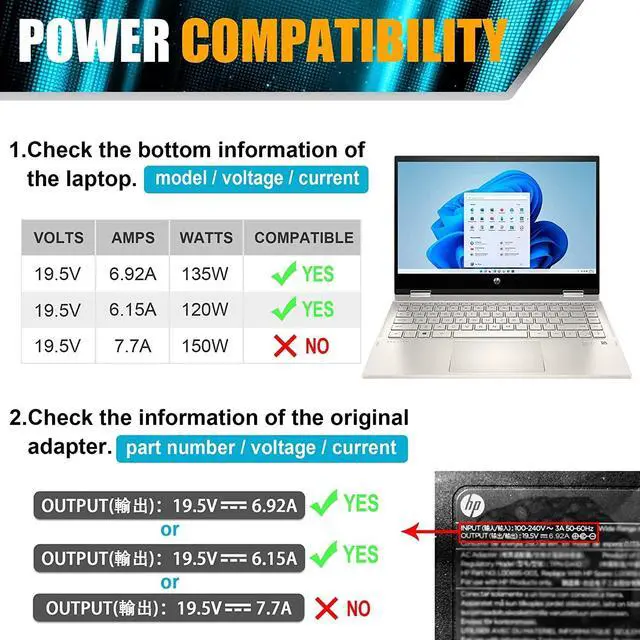 Alt view image 3 of 5 - 135W Laptop Charger AC Adapter Compatible with HP Spectre x360, OMEN Pavilion Gaming 15 17 ec0013dx 15-ec0751ms L15534-001 TPN-DA11 TPN-CA13 Power Supply Cord
