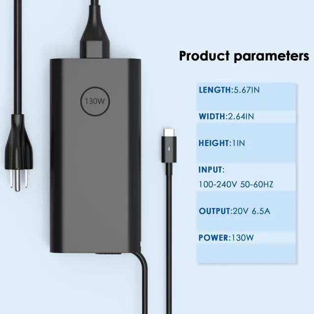 Alt view image 2 of 5 - 130W USB C Laptop Charger for Alienware X14 R2 R1 m17 R3 Dell Latitude 5550 5510 5400 7490 7420 5490 7640 9440 2-in-1 XPS 15 9530 9315 9440 9640 Mobile Workstation Power AC Adapter
