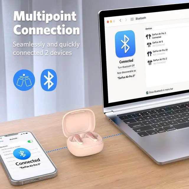 Alt view image 5 of 5 - EarFun Air Pro 3 Noise Cancelling Wireless Earbuds, Qualcomm(r) aptX(tm) Adaptive Sound, 6 Mics CVC 8.0 ENC, Bluetooth 5.3 Earbuds, Multipoint Connection, 45H Playtime, App Customize EQ, Pink
