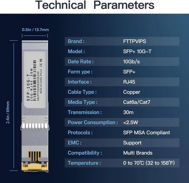 Alt view image 4 of 5 - 2PCS 10GBASE-T SFP+ RJ45 Copper Transceiver Module, Multi-Rate 1.25G/2.5G/5G/10G up to 30m - Compatible with TP-Link, Cisco SFP-10G-T-S, Ubiquiti UF-RJ45-10G, Netgear, Broadcom, Mikrotik and More