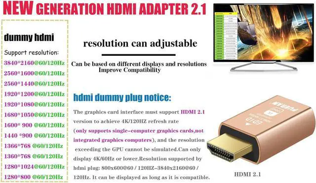 Alt view image 3 of 5 - FUERAN HDMI 2.1 Dummy Plug 4K@120Hz Virtual Display Emulator, Headless Adapter, HDMI Display Adapter, Supports 3840x2160@120Hz, 1440P@120Hz, 1080P@120Hz, EDID Emulator for GPU/Remote Desktop