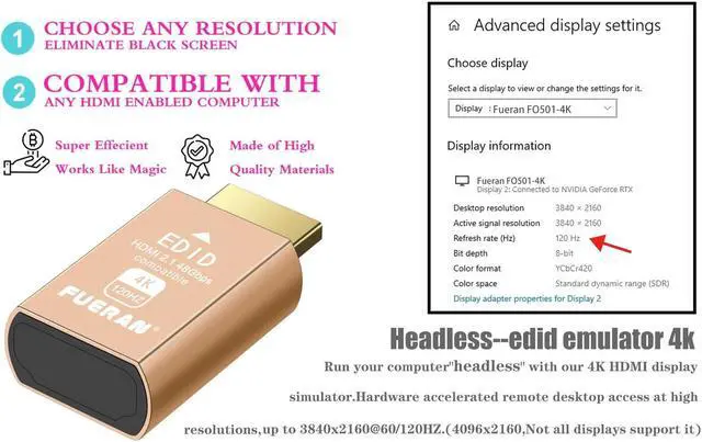 Alt view image 4 of 5 - FUERAN HDMI 2.1 Dummy Plug 4K@120Hz Virtual Display Emulator, Headless Adapter, HDMI Display Adapter, Supports 3840x2160@120Hz, 1440P@120Hz, 1080P@120Hz, EDID Emulator for GPU/Remote Desktop