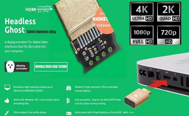 Alt view image 2 of 5 - FUERAN HDMI 2.1 Dummy Plug 4K@120Hz Virtual Display Emulator, Headless Adapter, HDMI Display Adapter, Supports 3840x2160@120Hz, 1440P@120Hz, 1080P@120Hz, EDID Emulator for GPU/Remote Desktop