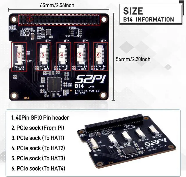 Alt view image 4 of 5 - GeeekPi Quad FPC PCIe HAT for Raspberry Pi 5, B14 HAT 1 to 4 PCIe Interface with 40Pin GPIO Pin Header for Raspberry Pi 5