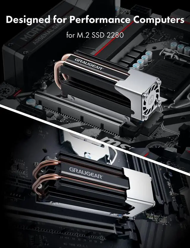 Alt view image 2 of 5 - GRAUGEAR M.2 2280 SSD Heatsink, Direct-Touch Heat of Dual Copper Heat Pipes, 25mm Cooling Fan Built-in PWM Control, Aluminum Plate-Fin Design, Thermal Pads incl., 1.34 in Height [G-M2HS03-F]