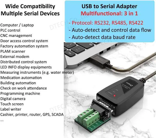 Alt view image 3 of 5 - DTech USB to Serial Adapter RS422 RS485 R232 to USB Cable (3 in 1 Interface) Supports DC 5V with Breakout Board LED Lights for Multi-Kind Control Devices Windows 11 10 8 7 XP Mac (1.5ft)