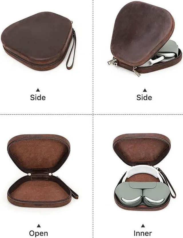 Alt view image 3 of 5 - Genuine Leather Case for Airpods Max,Hiram Crazy Horse Cowhide Leather Portable Travel Case for Airpods Max,Headphone Cases for AirPods Max Carrying Case(Coffee)