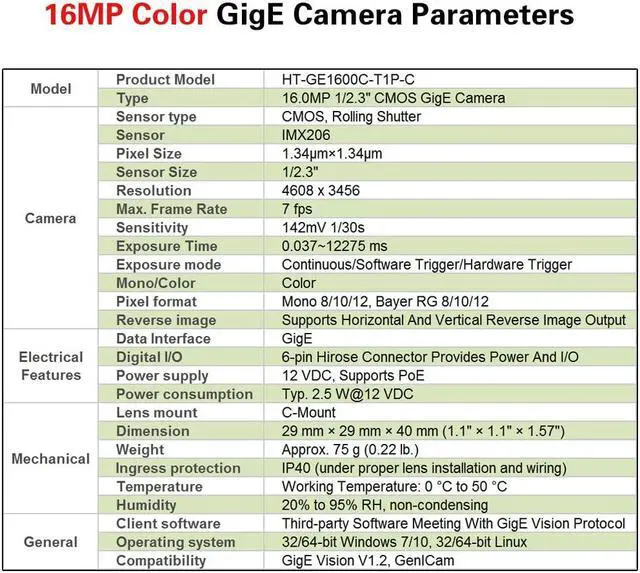 Alt view image 5 of 5 - HTENG VISHI GigE Ethernet 16.0MP 1/2.3" Color Industrial Camera Machine Vision Rolling Shutter C-Mouth Camera 4608X3456 7FPS Indoor
