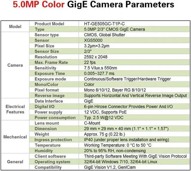 Alt view image 4 of 5 - HTENG VISHI GigE Ethernet 5.0MP 2/3" Color Industrial Camera Machine Vision Global Shutter C-Mouth Area Scan Camera Sensor 2592X2048 22FPS