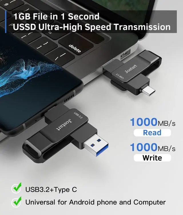 Alt view image 2 of 5 - 512GB USB 3.2 SSD Solid State Flash Drive, 1000MB/s High Speed Type C+USB A Drive Gen2, 2in1 Dual Thumb Drive USB C Memory Stick for iPhone 15 Series/USB-C iPad/Android Phone,Laptop,Mac