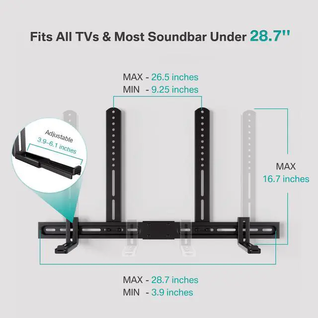 Alt view image 4 of 5 - KAMIWI Adjustable Soundbar Mount,Universal Soundbar Mount,Sound Bar Mounting Bracket with Holes/Without Holes, Non-Slip Base Holder Extends 3.9" to 6.1", Up to 13 LBS,Black