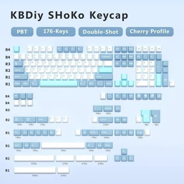 Alt view image 2 of 5 - KBDiy SHOKO PBT Double Shot Keycap Set,176 Keys Blue Cute Custom Key Caps Keycaps 60 Percent Cherry Profile Keycaps for 61/64/68/84/87/100/104/108 Mechanical Keyboard