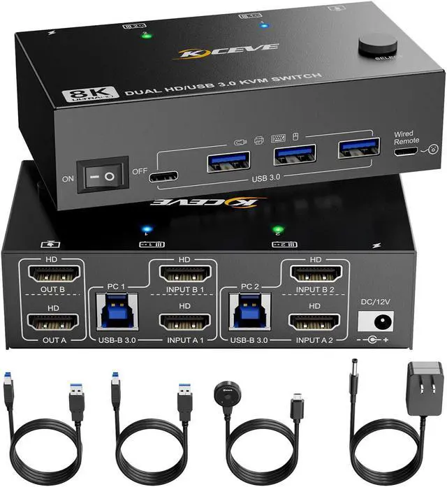 Main image of 8K KVM Switch 2 Computers 2 Monitors, KCEVE Dual Monitor USB 3.0 HDMI KVM Switcher Box, Support 7680x4320@60Hz, 3840x2160@120Hz Resolution for 2 Computers Share Mouse Keyboard and Monitor