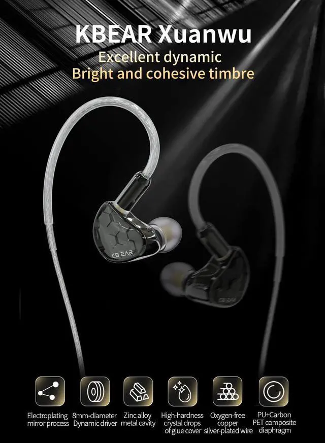 Alt view image 2 of 5 - keephifi KBEAR XuanWu in-Ear-Monitor Headphones, 8mm Strong Magnetic Dynamic Driver IEM Earphone for Singer Musician, with Detachable 0.78mm 2Pin OFC Silver-Plated Cable (Silver with Mic)