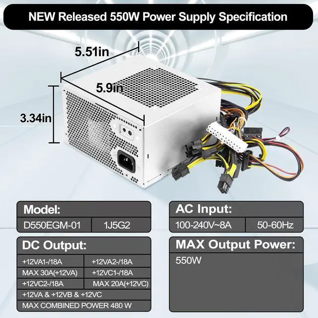 Alt view image 5 of 5 - LXun Upgraded D550EGM-01 550W Power Supply Compatible with Alienware Aurora R10 R11 Dell Precision 3630 3640 Power Supply Replacement for D550EGM-00 DPS-550AB-51A 1J5G2 YXK65