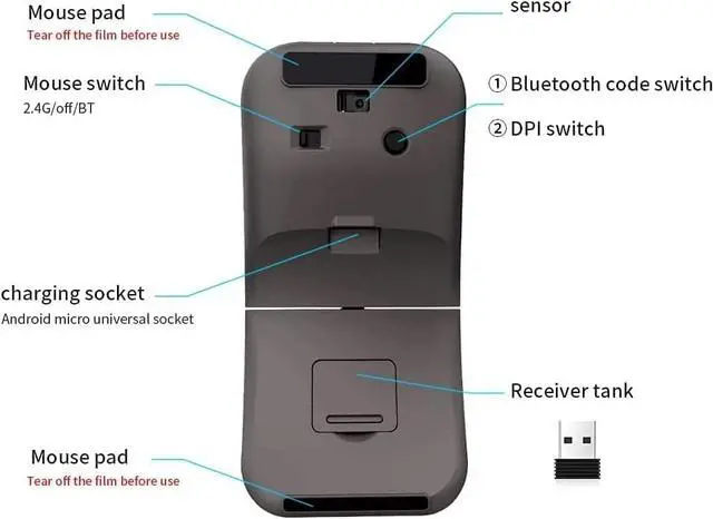 Alt view image 2 of 5 - Wireless Arc Mouse, Bluetooth 2.4GHz Dual-Mode Rechargeable, Foldable Wireless Mouse with USB Receiver, 180 Rotation, Silent Click, Suitable for Portable Computers on PC, Laptop, MacBook (Black)