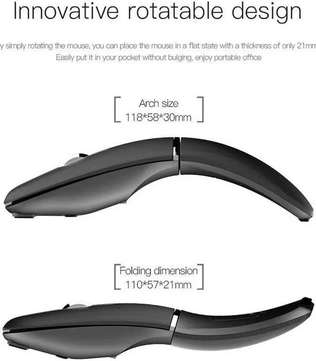 Alt view image 4 of 5 - Wireless Arc Mouse, Bluetooth 2.4GHz Dual-Mode Rechargeable, Foldable Wireless Mouse with USB Receiver, 180 Rotation, Silent Click, Suitable for Portable Computers on PC, Laptop, MacBook (Black)