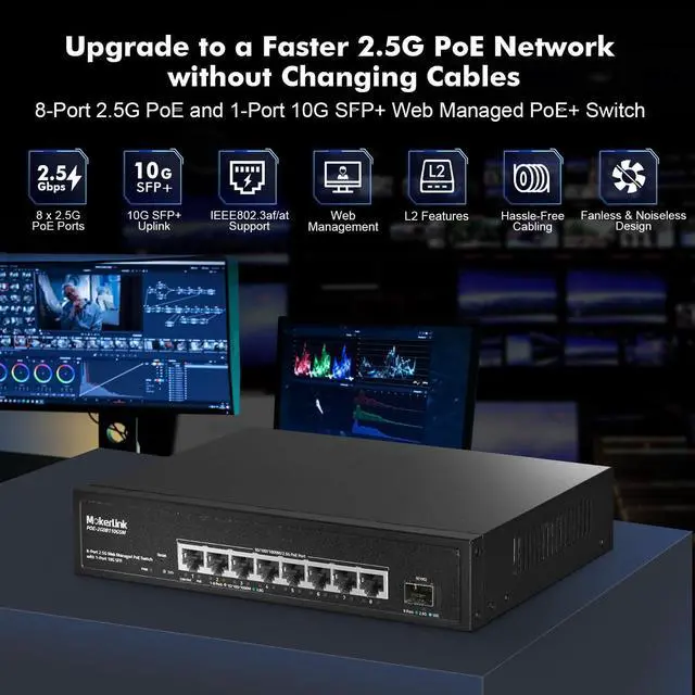 Alt view image 2 of 5 - MokerLink 8 Port 2.5 Gigabit PoE Web Managed Switch with 10G SFP, 8 Port PoE IEEE802.3af/at, 120W, Managed Fanless Wall Mountable Network Switch