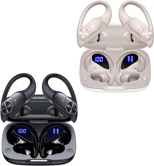 Main image of 2 Sets Bluetooth Headphones Wireless Earbuds 80hrs Playtime Wireless Charging Case Sports Ear buds with Earhook Premium Deep Bass IPX7 Waterproof Over-Ear Earphones for Phone Laptop Black + Pearl Gray