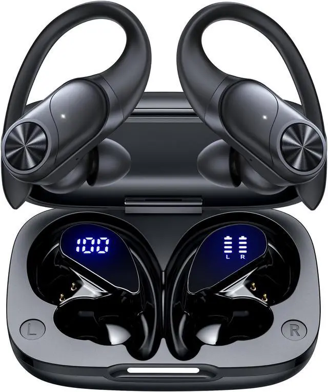 Alt view image 2 of 5 - 2 Sets Bluetooth Headphones Wireless Earbuds 80hrs Playtime Wireless Charging Case Sports Ear buds with Earhook Premium Deep Bass IPX7 Waterproof Over-Ear Earphones for Phone Laptop Black + Pearl Gray