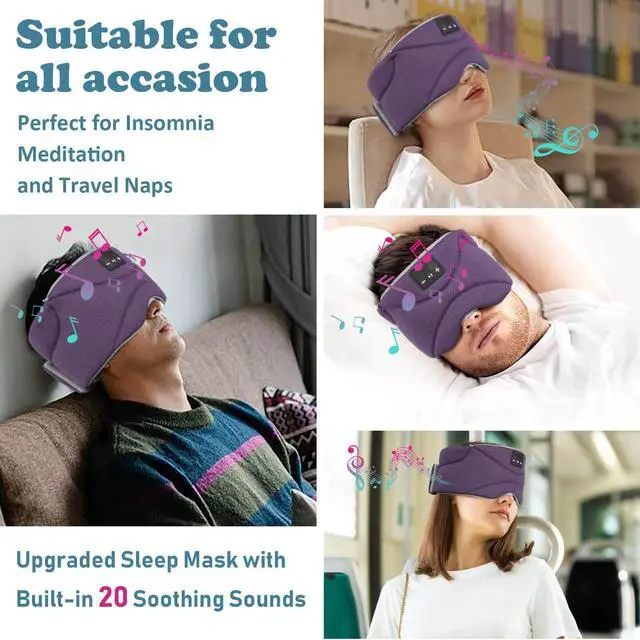 Alt view image 2 of 5 - Sleep Mask with Bluetooth Headphones 24 White Noise, Ultra-Thin Speaker Cold Pack Blackout Bluetooth Eye Mask Sleep Headphones for Side Sleepers, Airplane, Travel, Cool Gadgets for Women Man (Purple)
