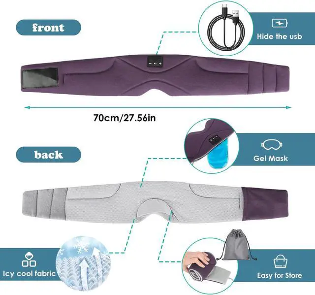 Alt view image 5 of 5 - Sleep Mask with Bluetooth Headphones 24 White Noise, Ultra-Thin Speaker Cold Pack Blackout Bluetooth Eye Mask Sleep Headphones for Side Sleepers, Airplane, Travel, Cool Gadgets for Women Man (Purple)