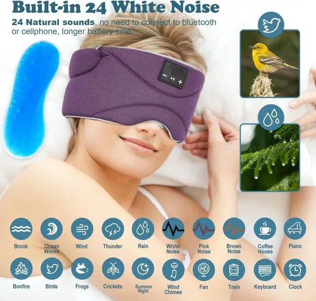 Alt view image 3 of 5 - Sleep Mask with Bluetooth Headphones 24 White Noise, Ultra-Thin Speaker Cold Pack Blackout Bluetooth Eye Mask Sleep Headphones for Side Sleepers, Airplane, Travel, Cool Gadgets for Women Man (Purple)