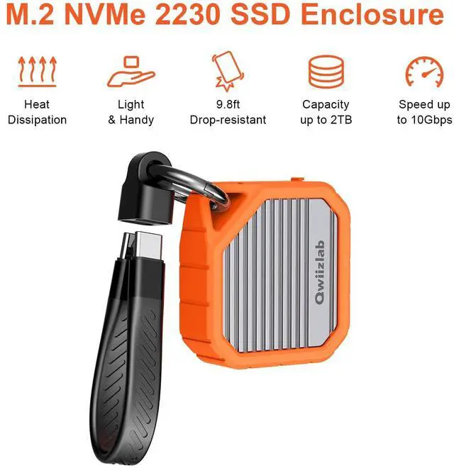 Alt view image 2 of 5 - Qwiizlab M.2 2230 SSD NVMe Enclosure, 10Gbps USB 3.2 Gen 2 Type-C, Fits M Key up to 2TB, Supports PCIe UASP, Rugged Aluminum Case (Orange), SSD Not Included