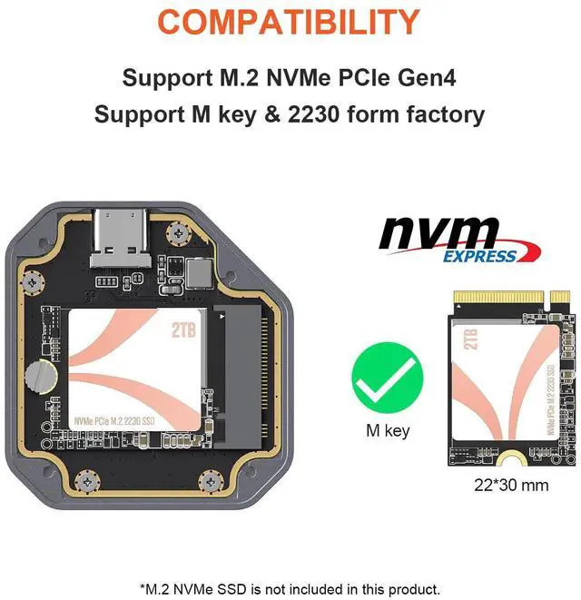 Alt view image 5 of 5 - Qwiizlab M.2 2230 SSD NVMe Enclosure, 10Gbps USB 3.2 Gen 2 Type-C, Fits M Key up to 2TB, Supports PCIe UASP, Rugged Aluminum Case (Orange), SSD Not Included