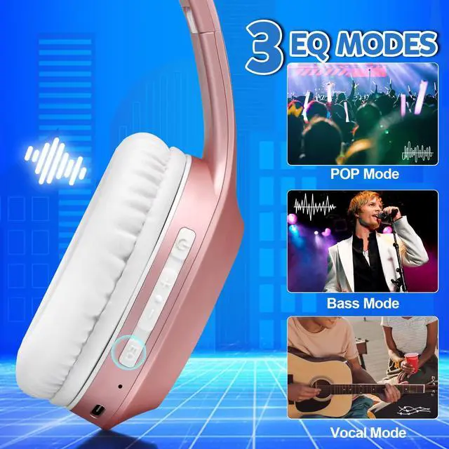 Alt view image 3 of 5 - Rydohi Bluetooth Headphones Over Ear, 68H Playtime and 3 EQ Music Modes Wireless Headphones with Microphone/Deep Bass, HiFi Stereo Foldable Lightweight Headset for PC Home Travel Office (Rose Gold)