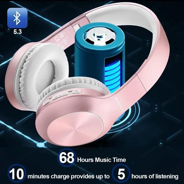 Alt view image 2 of 5 - Rydohi Bluetooth Headphones Over Ear, 68H Playtime and 3 EQ Music Modes Wireless Headphones with Microphone/Deep Bass, HiFi Stereo Foldable Lightweight Headset for PC Home Travel Office (Rose Gold)