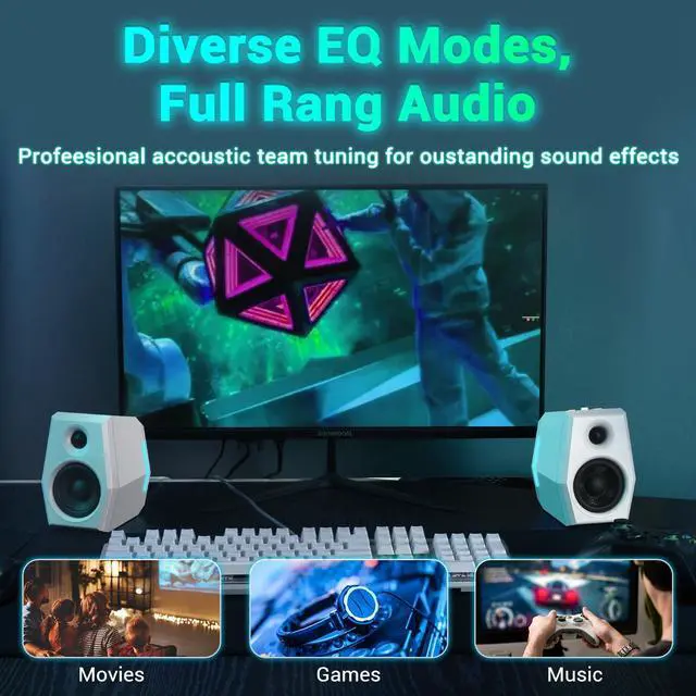 Alt view image 5 of 5 - SW209 36W Computer Gaming PC Speakers - Built-in 24bit DAC Dynamic 3D Surround Sound - Bluetooth 5.0 USB 3.5mm Aux Inputs - Three EQ Sound Mode - RGB Backlit Multimedia Speakers (Pair, White)